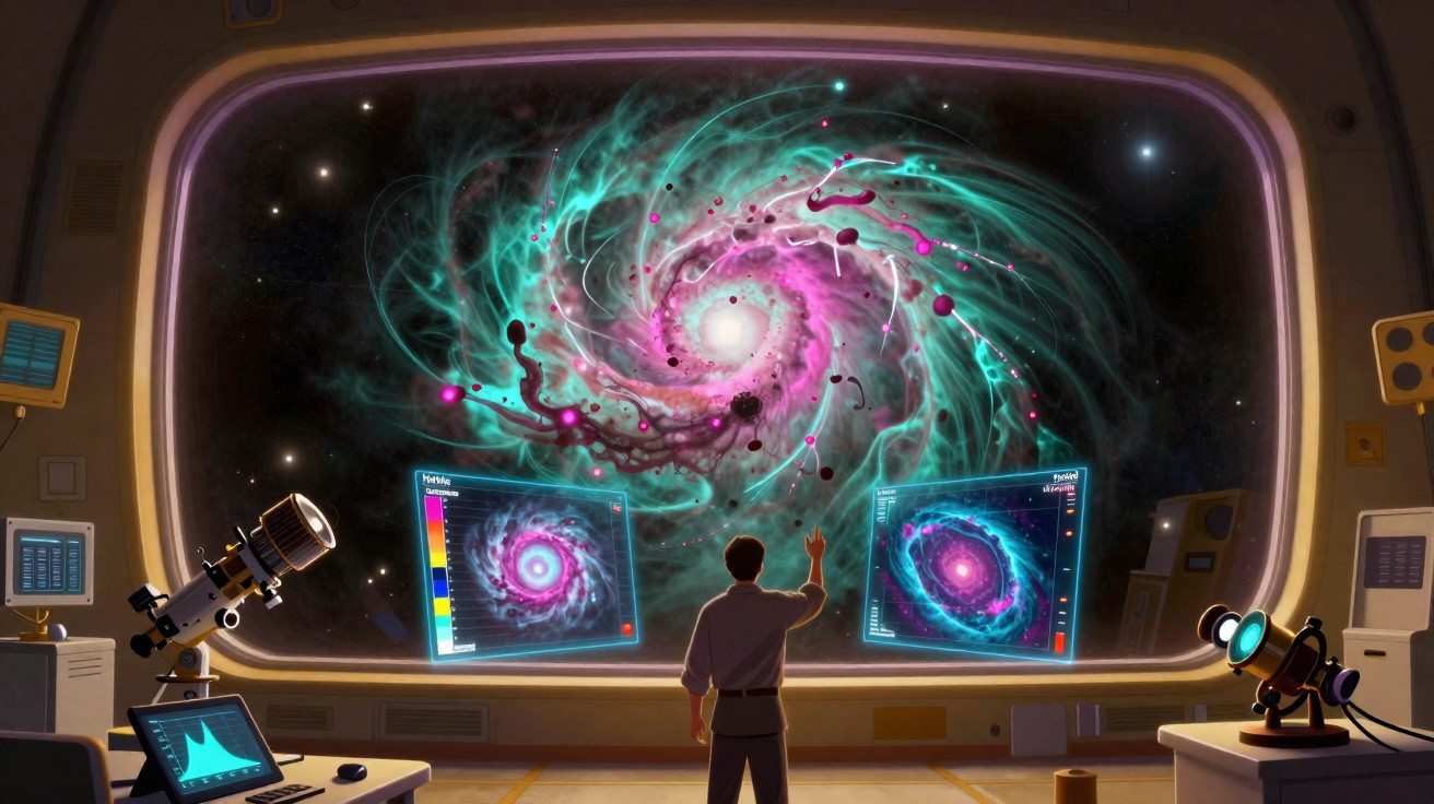 Pessoa observa uma galáxia espiral colorida em uma grande janela com hologramas de telescópio.