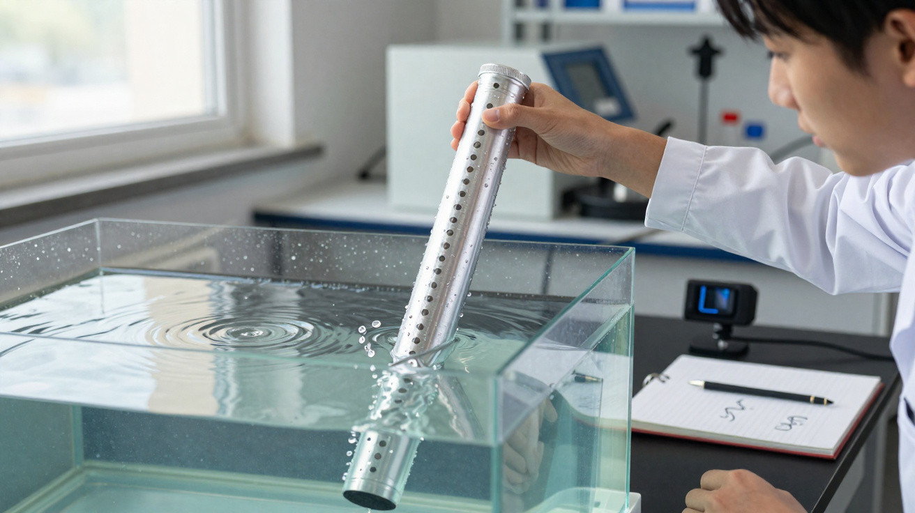 Pesquisador insere tubo metálico perfurado em tanque com água para experimento científico em laboratório.