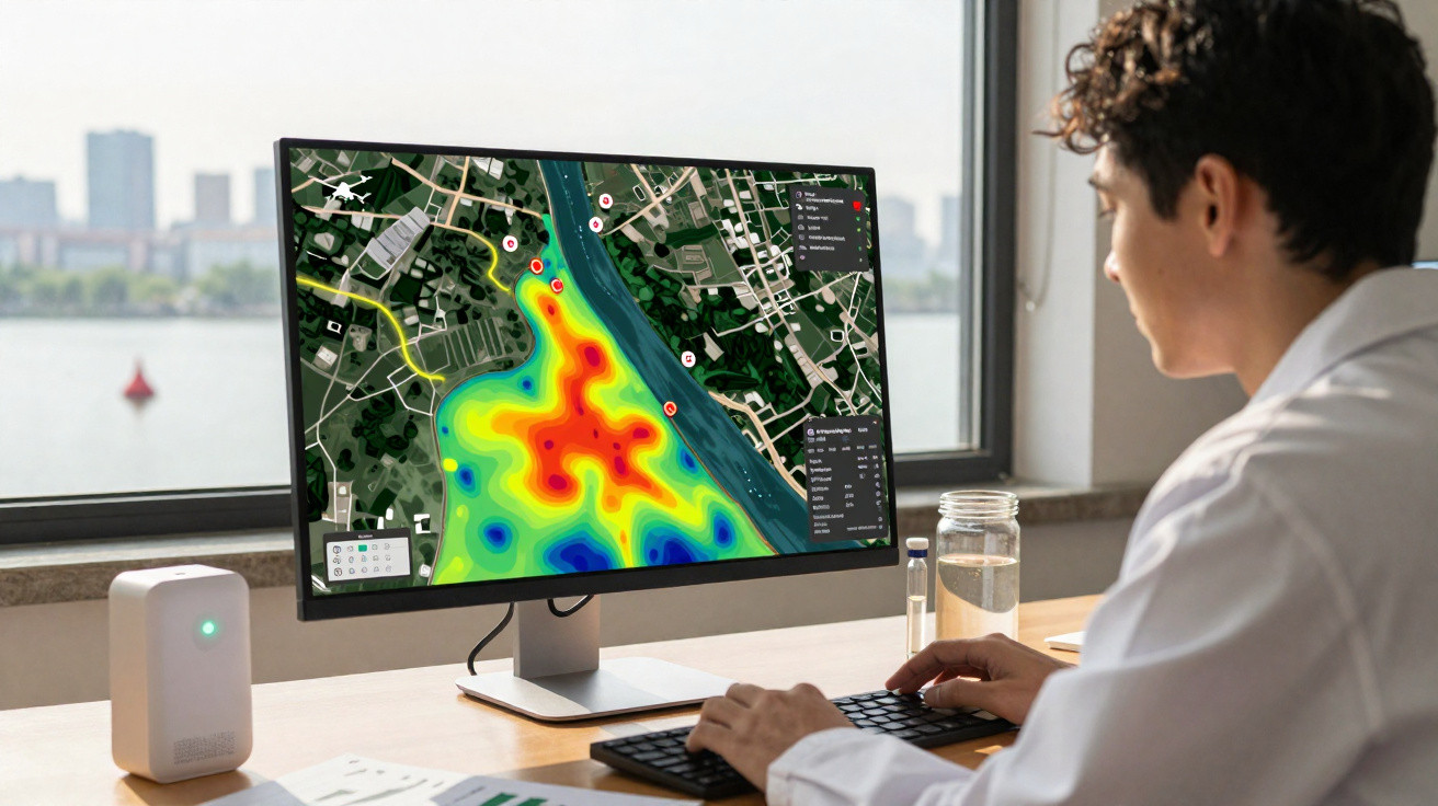 Pessoa analisando mapa de calor ambiental em computador na frente de janela em escritório.