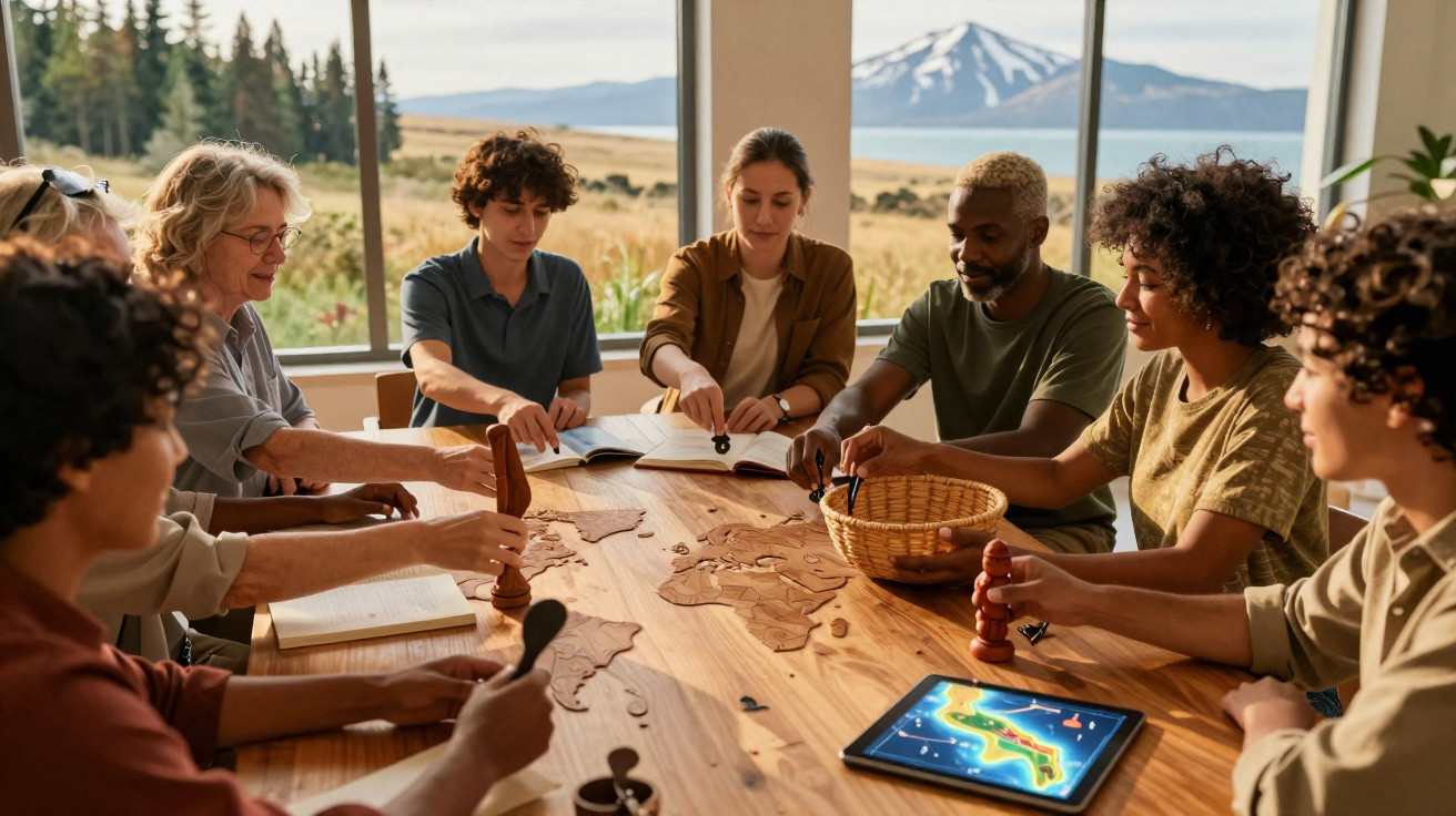 Grupo diversificado discutindo com tabuleiro de madeira de mapa-múndi à mesa em sala com vista para montanha.