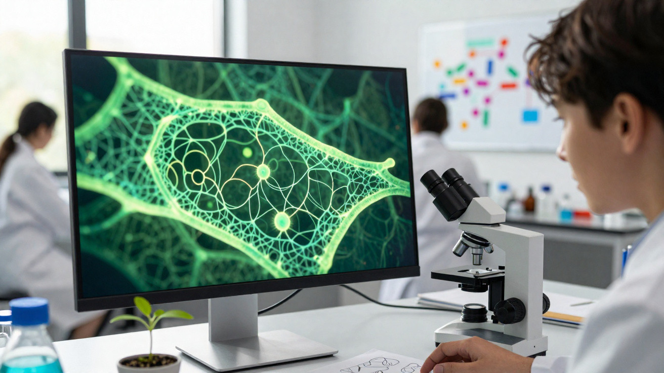 Cientista analisando imagem digital de célula verde com rede complexa em laboratório moderno.