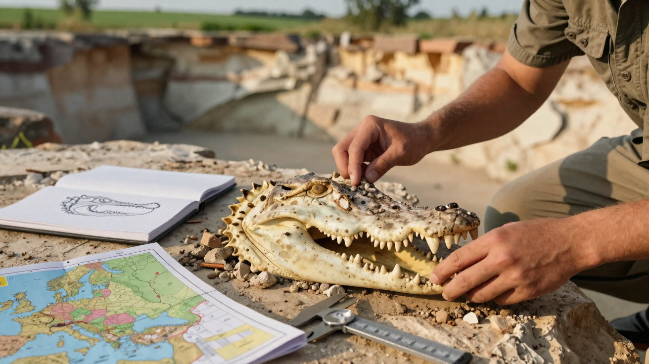 Pesquisador manipula crânio fossilizado de crocodiliano em mesa com mapa, caderno de desenho e régua.