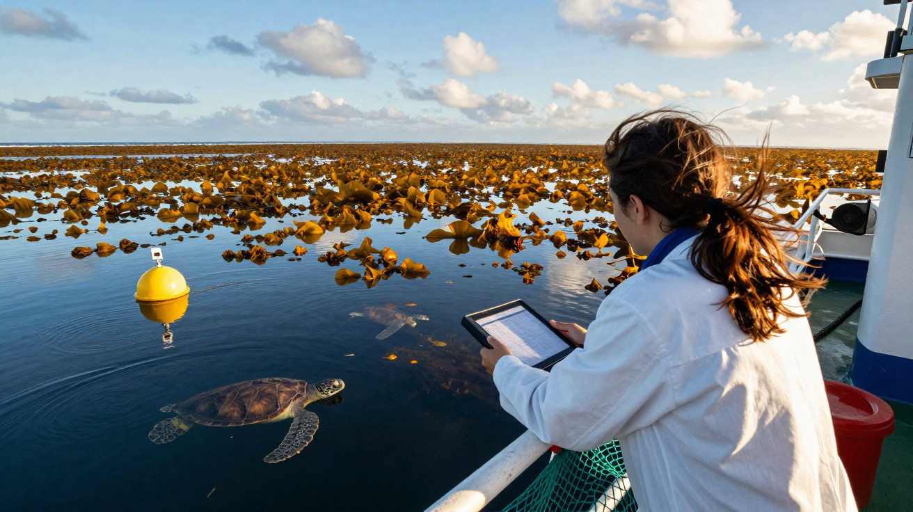 Pesquisadora em barco observa tartaruga marinha nadando próxima a vegetação aquática e bóia amarela.