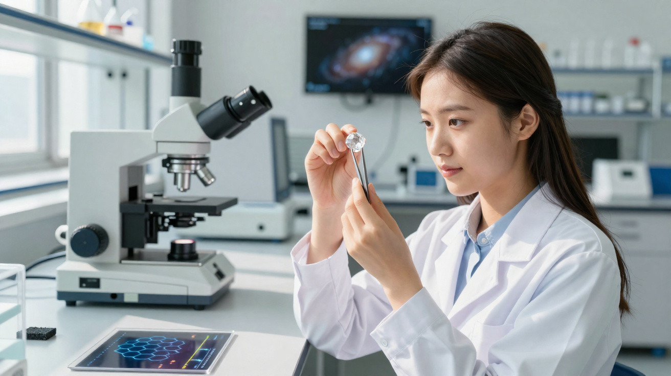 Jovem cientista em laboratório segurando amostra cristalina e analisando com atenção.