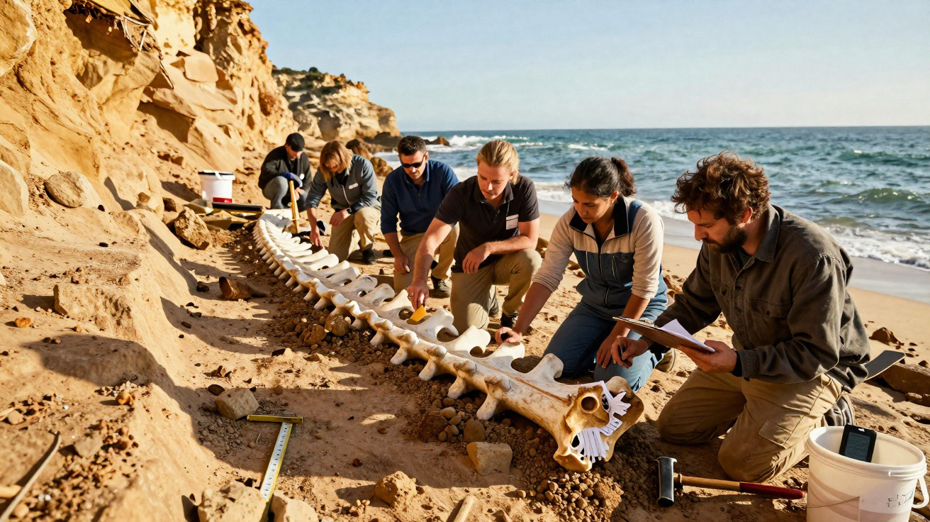 Grupo de cinco pesquisadores examina grande espinha dorsal fossilizada na praia ao lado do mar.