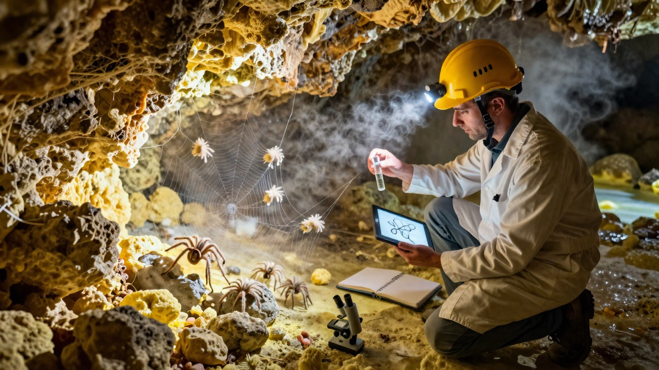 Cientista analisando amostra em caverna, usando capacete com luz, perto de aranhas e teias de aranha.