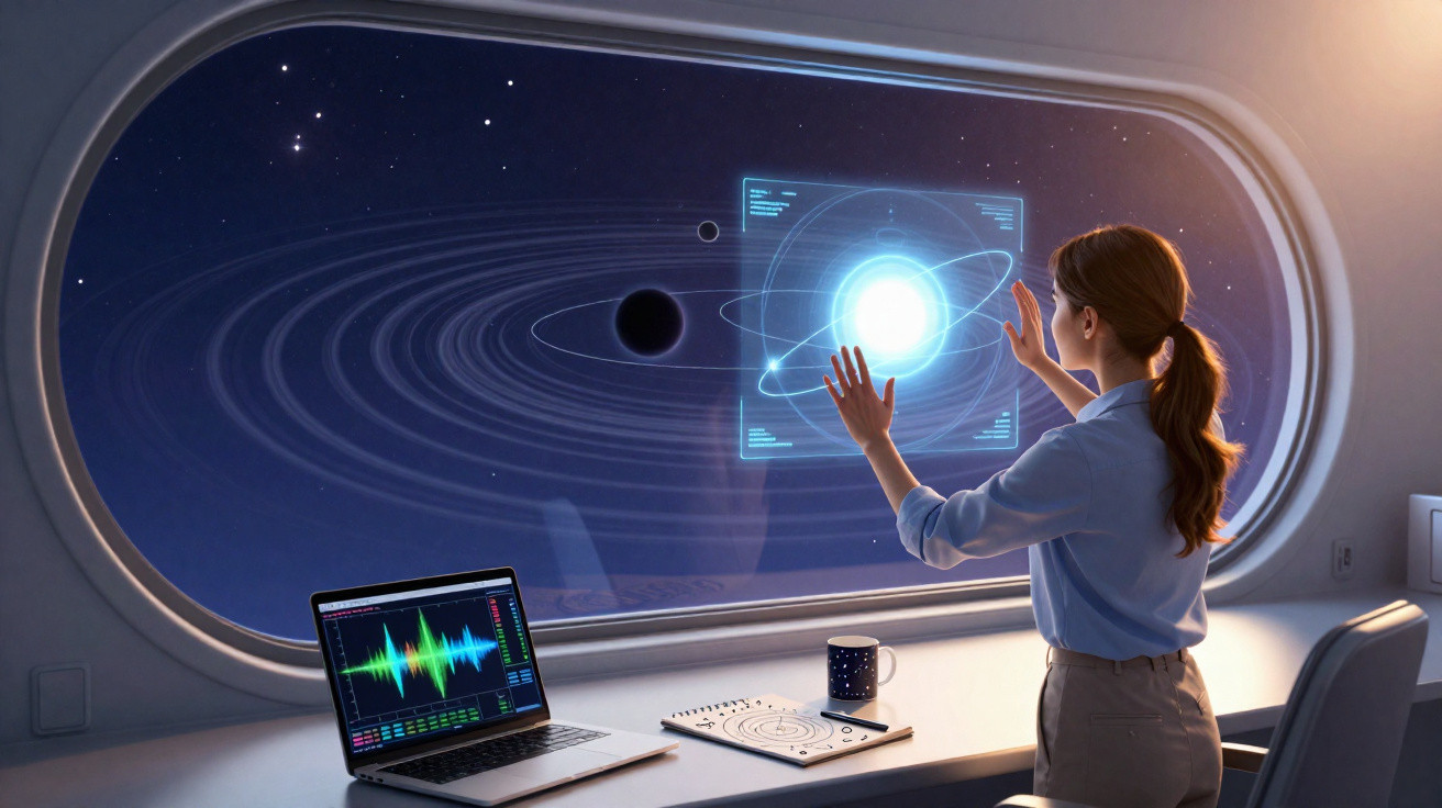 Mulher usando tecnologia holográfica interativa, observando espaço e planetas através de janela futurista.