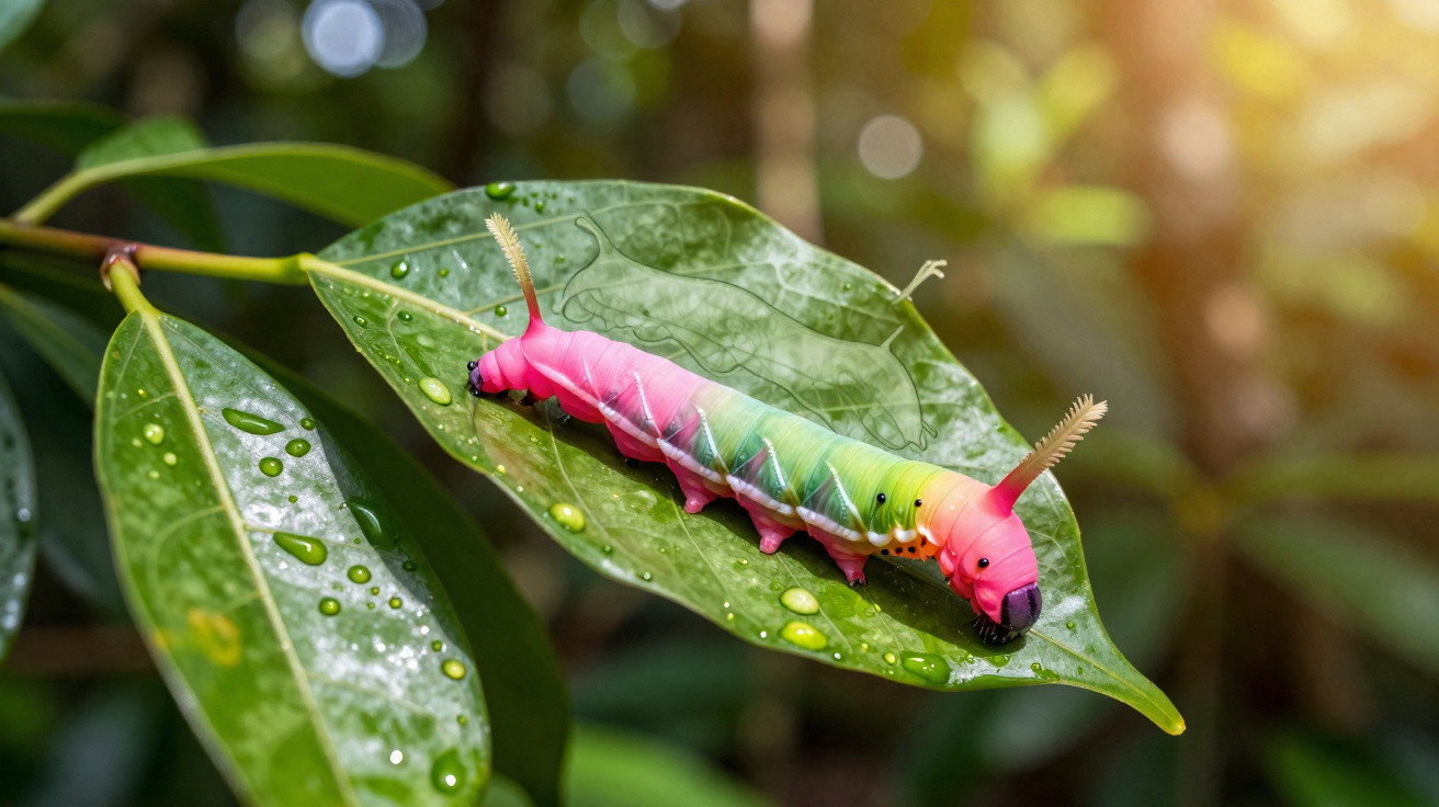 Lagarta colorida rosa e verde com antenas em folha verde molhada sob luz natural.