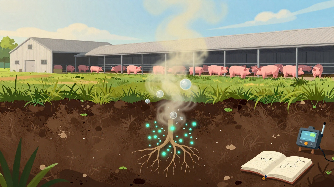 Ilustração de porcos em fazenda e raízes de planta no solo com análise científica em livro e dispositivo eletrônico.
