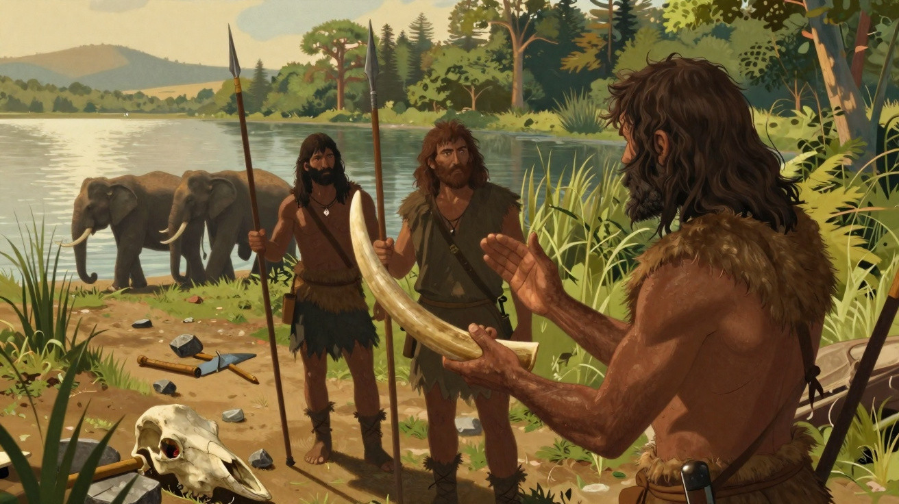 Homens pré-históricos ao lado de rio conversam, com elefantes ao fundo e objetos antigos no chão.