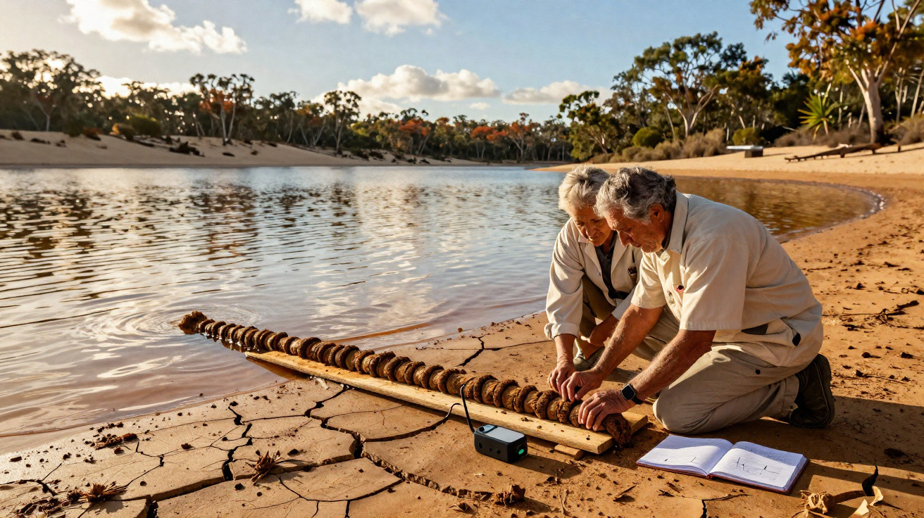 Dois idosos analisando amostras de solo em uma área de margem seca com vegetação ao fundo.