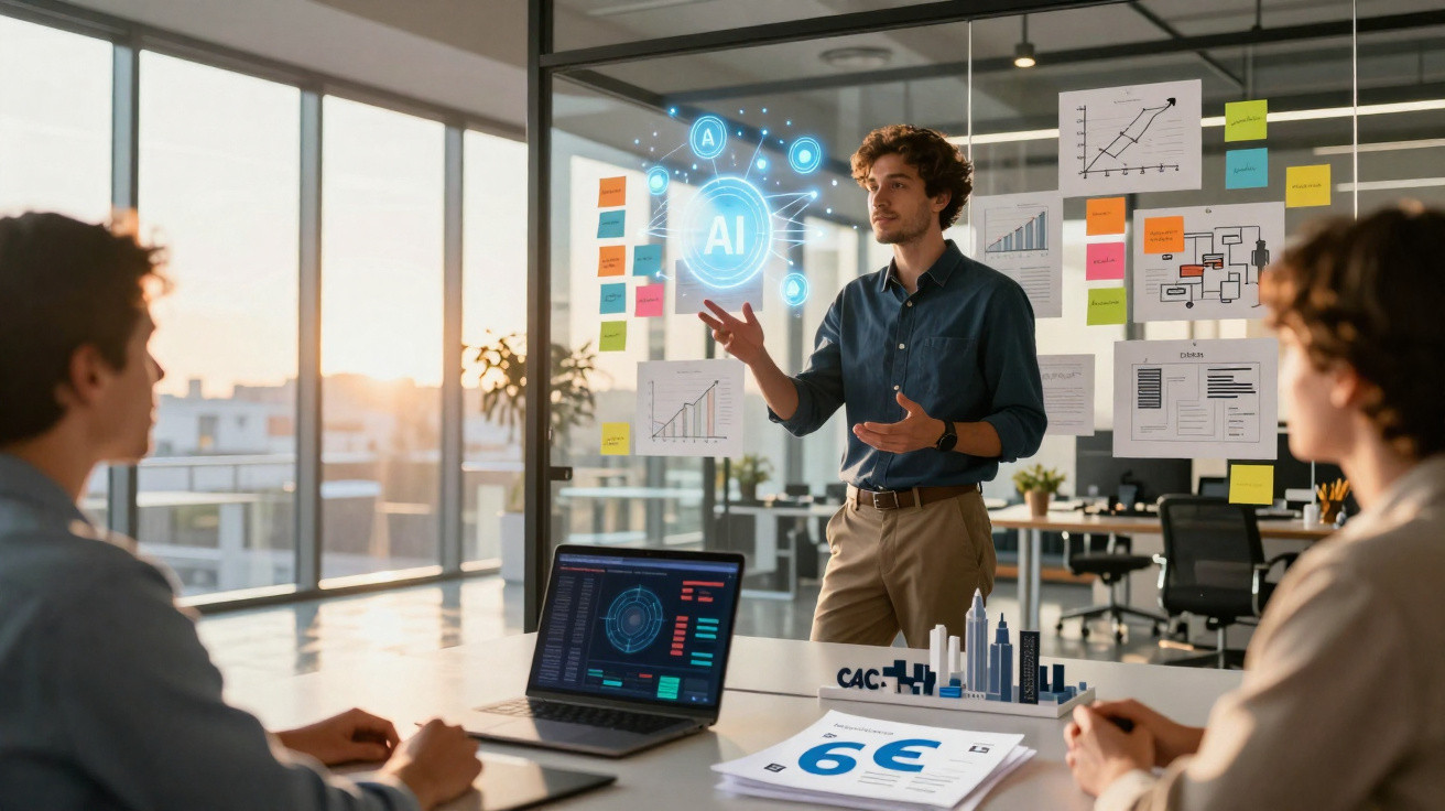 Homem apresenta gráficos e conceito de inteligência artificial para colegas em sala de reunião moderna.