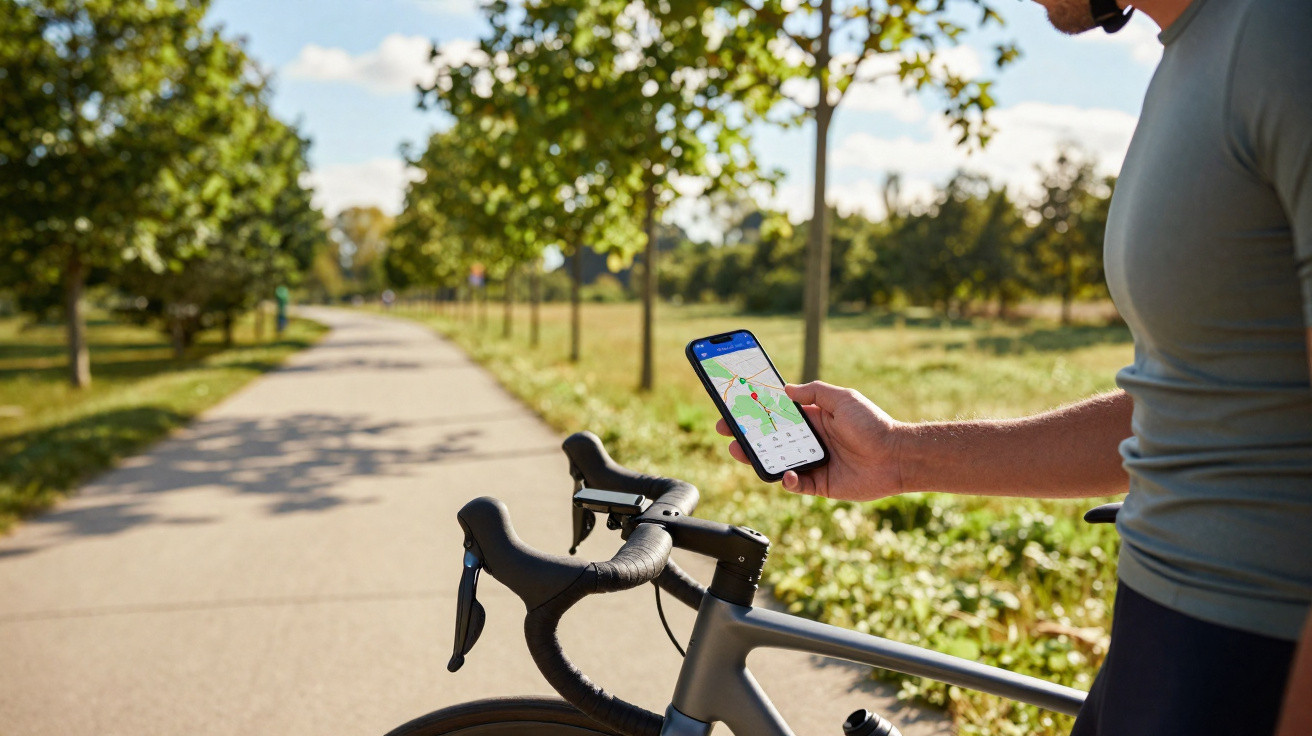 Pessoa com bicicleta consulta mapa em aplicativo de celular em parque ao ar livre.