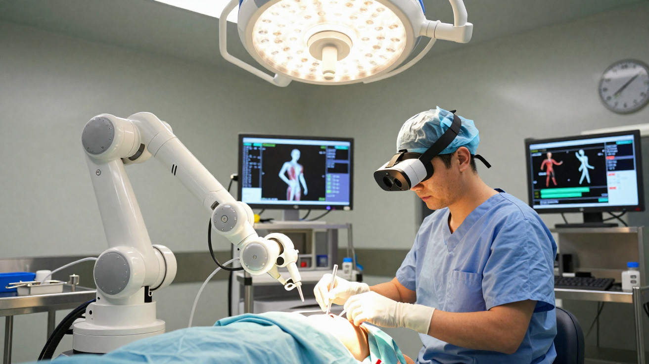 Cirurgião com realidade virtual realiza procedimento assistido por robô em sala de operação moderna.
