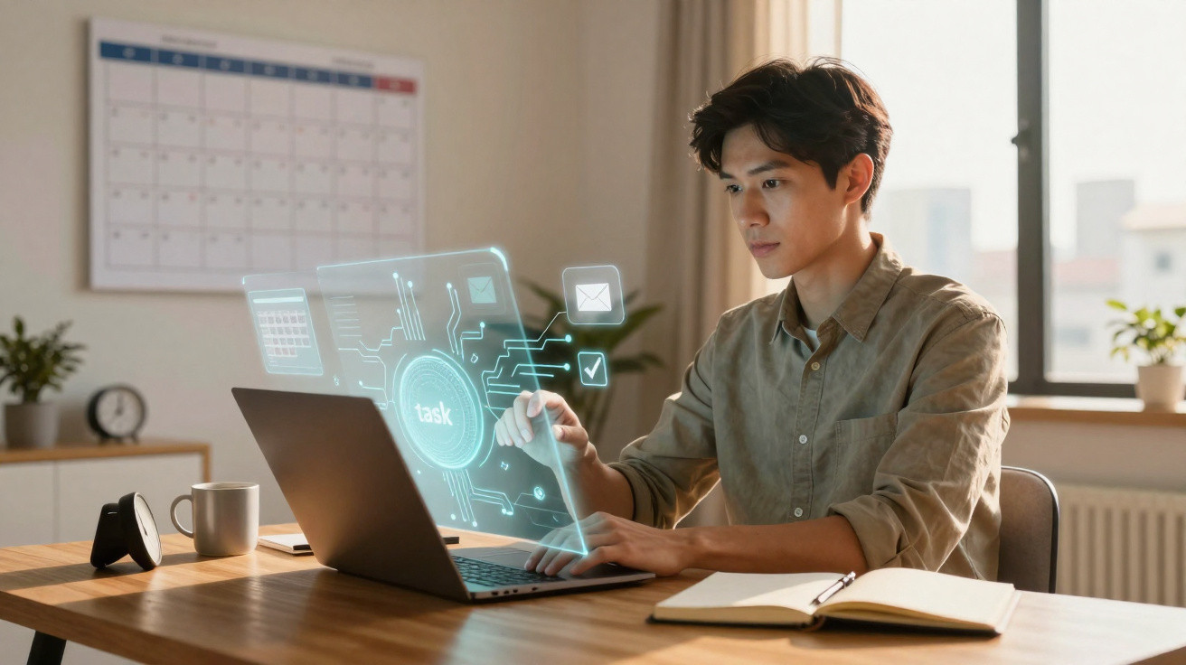 Homem jovem trabalhando no laptop com holograma digital de tarefas em ambiente de escritório moderno.