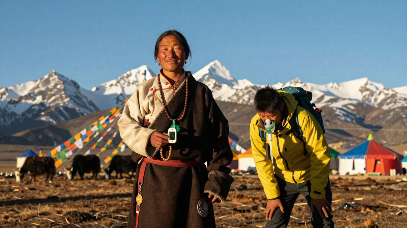 Homem tibetano em roupa tradicional sorri, com montanhas nevadas e outros homens ao fundo.