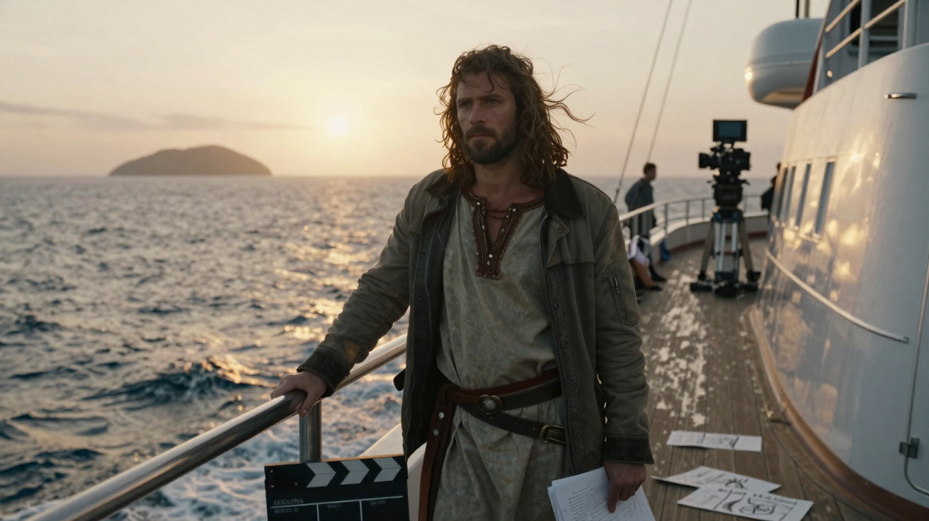 Homem com roupa antiga em barco ao pôr do sol, com câmera e equipamentos de filmagem ao fundo.