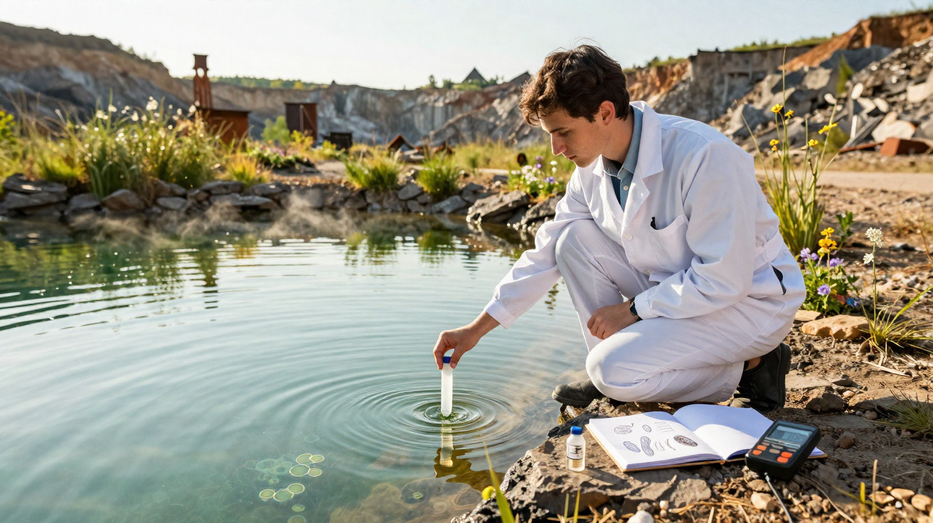 Cientista em jaleco coletando amostra de água em lagoa para análise de campo, com caderno e aparelho ao lado.