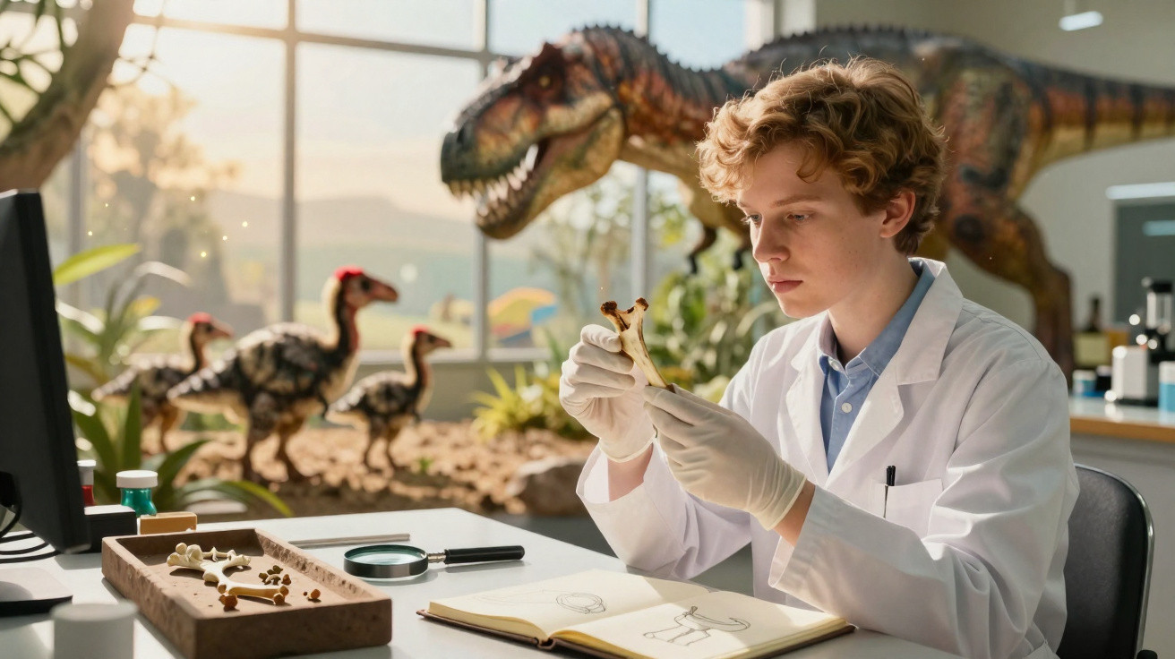 Jovem cientista em laboratório examinando ossos de dinossauro em miniatura com modelos de dinossauros ao fundo.