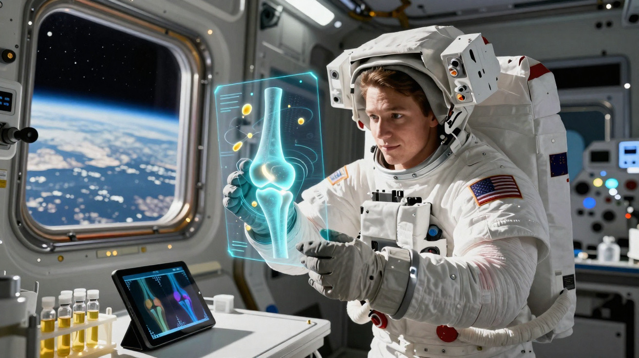 Astronauta analisa holograma de articulação óssea dentro de nave espacial com vista para a Terra.