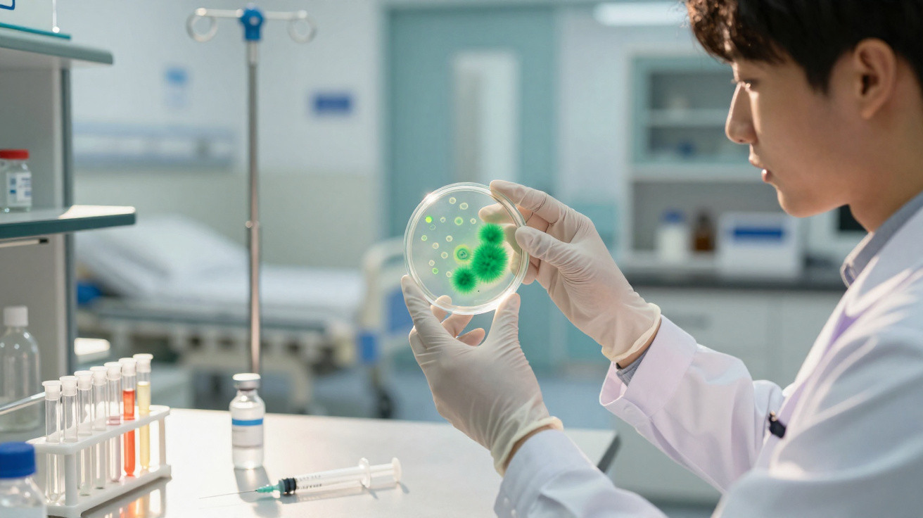 Pesquisador em laboratório observando cultura de bactérias verdes em placa de petri com luvas brancas.