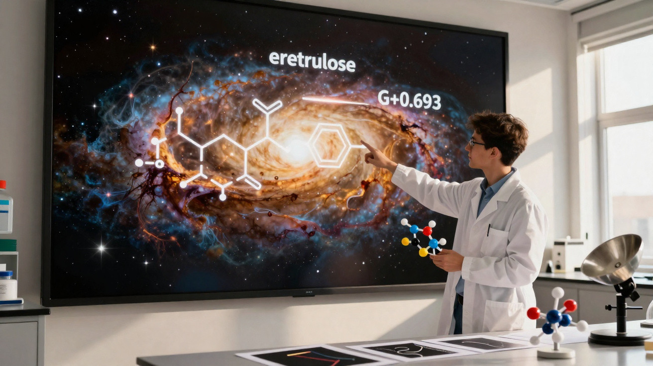 Cientista em laboratório aponta fórmula química projetada sobre imagem de galáxia na tela grande.