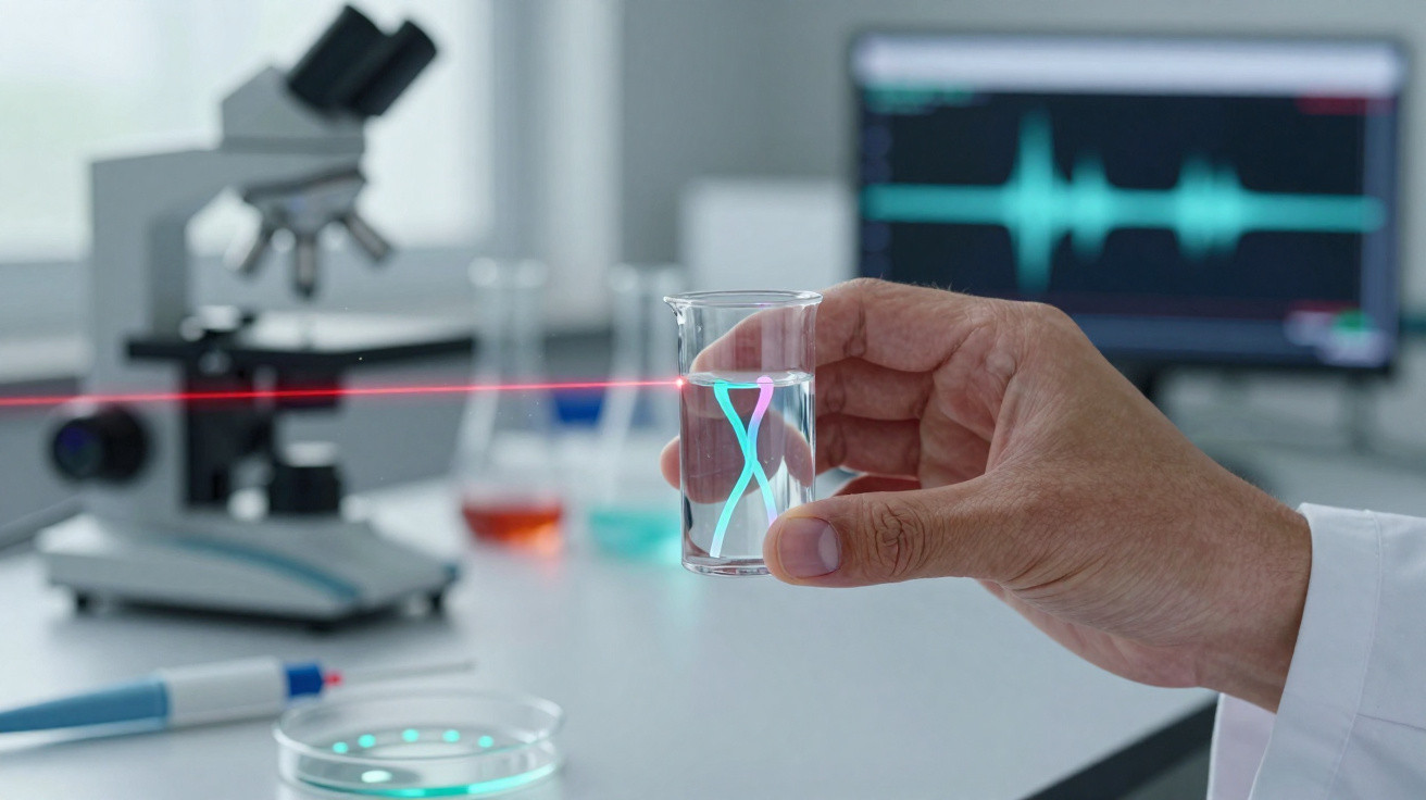 Mão segurando béquer com representação de DNA, laser vermelho atravessando, laboratório com microscópio e monitor ao fundo.