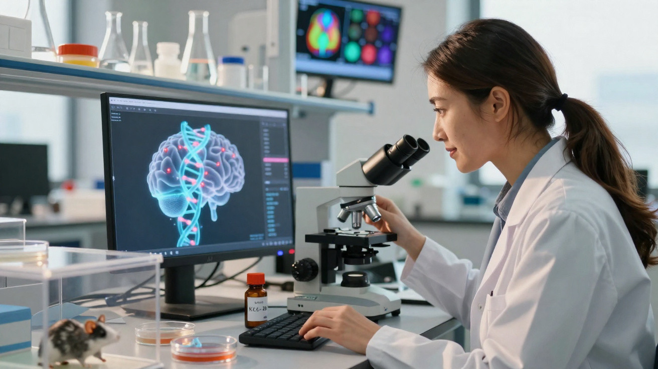 Cientista mulher usando microscópio em laboratório com imagem digital de cérebro e DNA no computador.