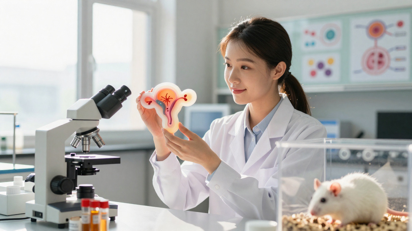 Mulher cientista em laboratório segurando modelo do útero com microscópio e rato branco ao fundo.