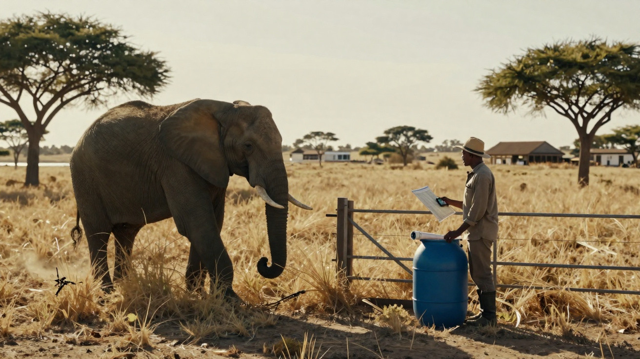 Elefante e homem com chapéu em área seca de savana próximo a barril azul e cerca metálica.