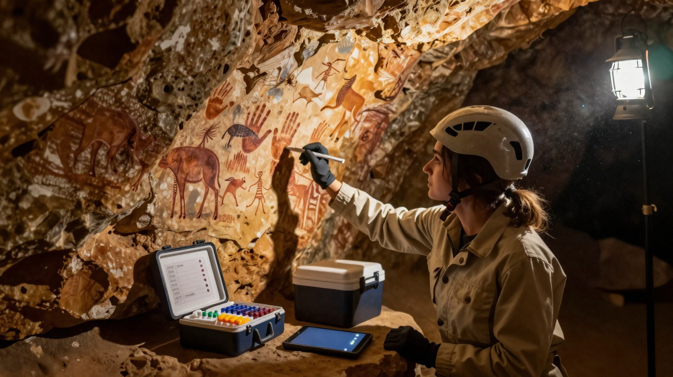 Pesquisadora com capacete analisa pinturas rupestres em caverna iluminada por lanterna.