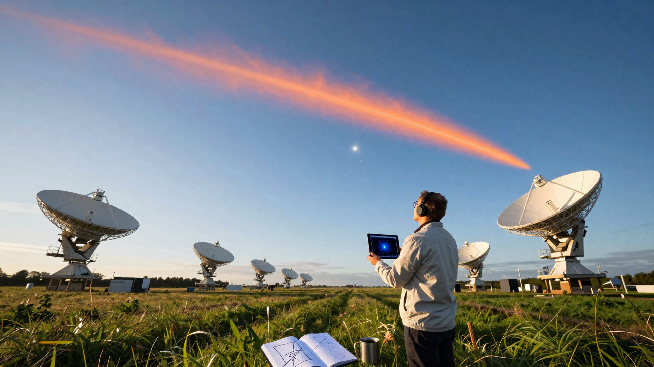 Pesquisador com laptop em campo observa antenas parabólicas sob céu azul ao entardecer.