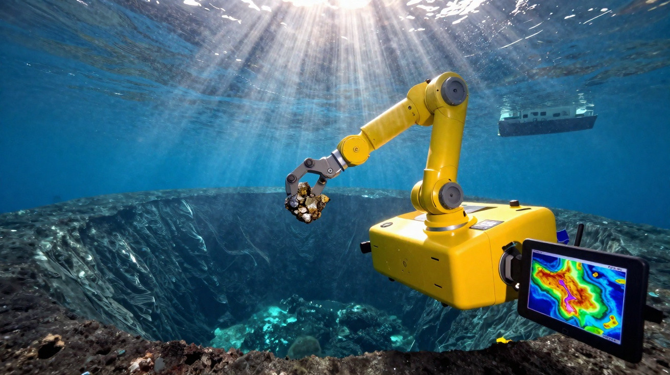 Robô subaquático amarelo com braço mecânico explorando um buraco no fundo do oceano, perto de barco.