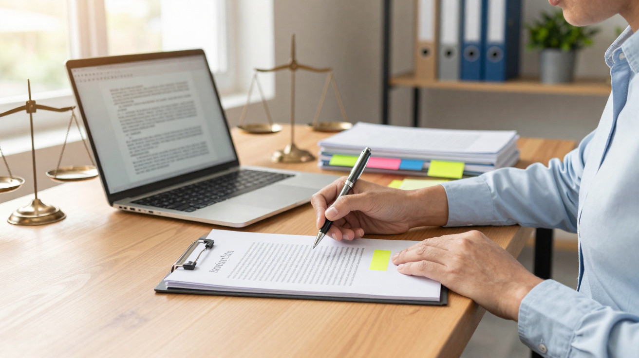 Pessoa revisando documento escrito em prancheta com balanças da justiça e laptop em mesa de escritório.