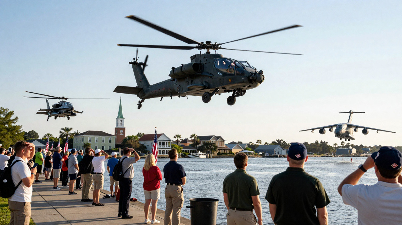 Helicópteros militares sobrevoam grupo de pessoas em calçada próxima a um rio com casas e igreja ao fundo.