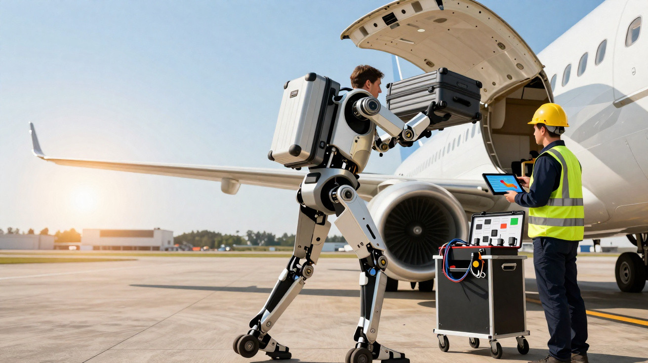 Robô carregando malas para avião enquanto técnico com colete e capacete monitora em aeroporto.