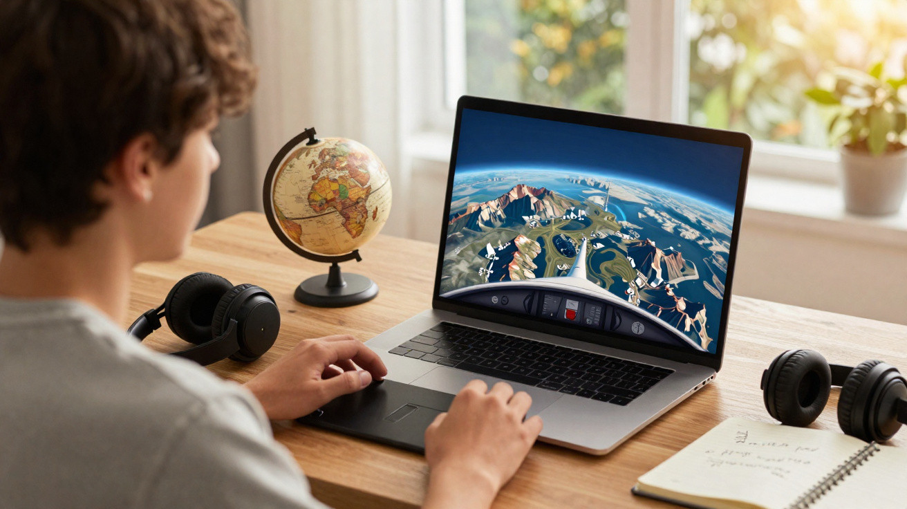 Pessoa jogando simulador de voo em notebook com globo terrestre e caderno na mesa de madeira.