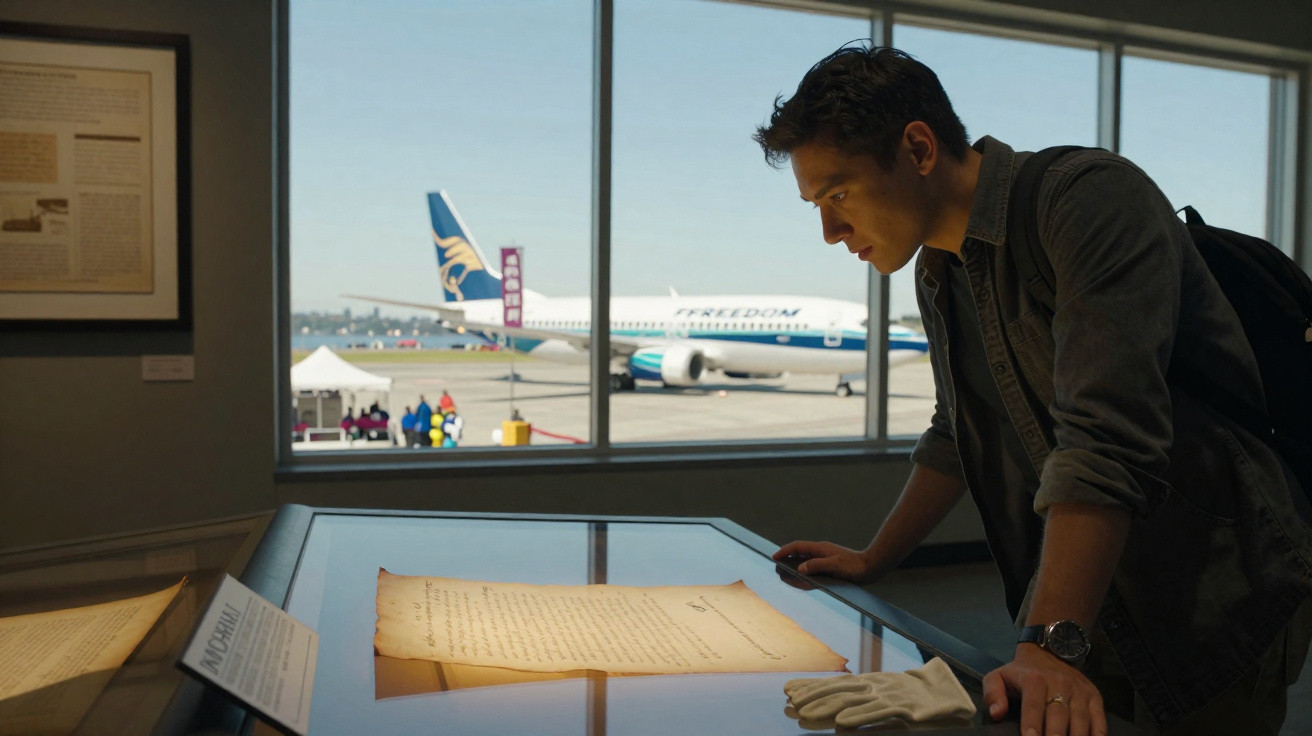 Homem observa documento antigo em vitrine dentro de sala com janela para avião no aeroporto.