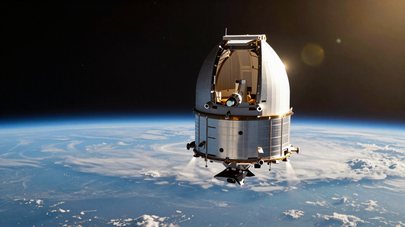 Satélite em órbita ao redor da Terra com a superfície azul do planeta e nuvens visíveis ao fundo.