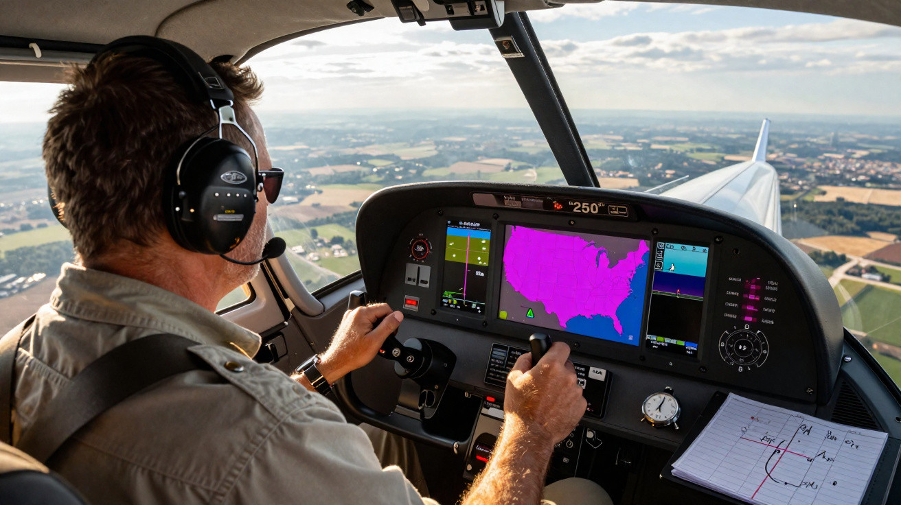 Piloto usando fones e óculos dirige avião pequeno com tela de navegação sobrevoando área rural ensolarada.