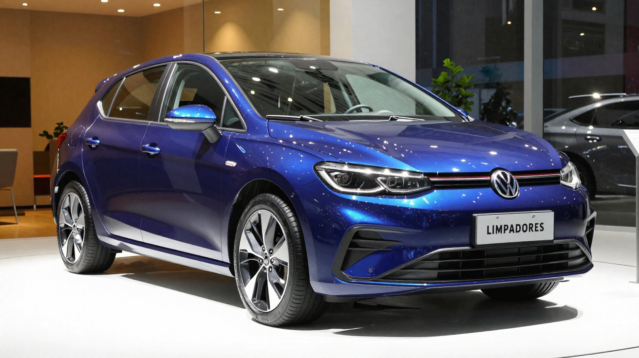Carro hatchback azul Volkswagen exposto em ambiente interno com placa escrita "Limpadores".