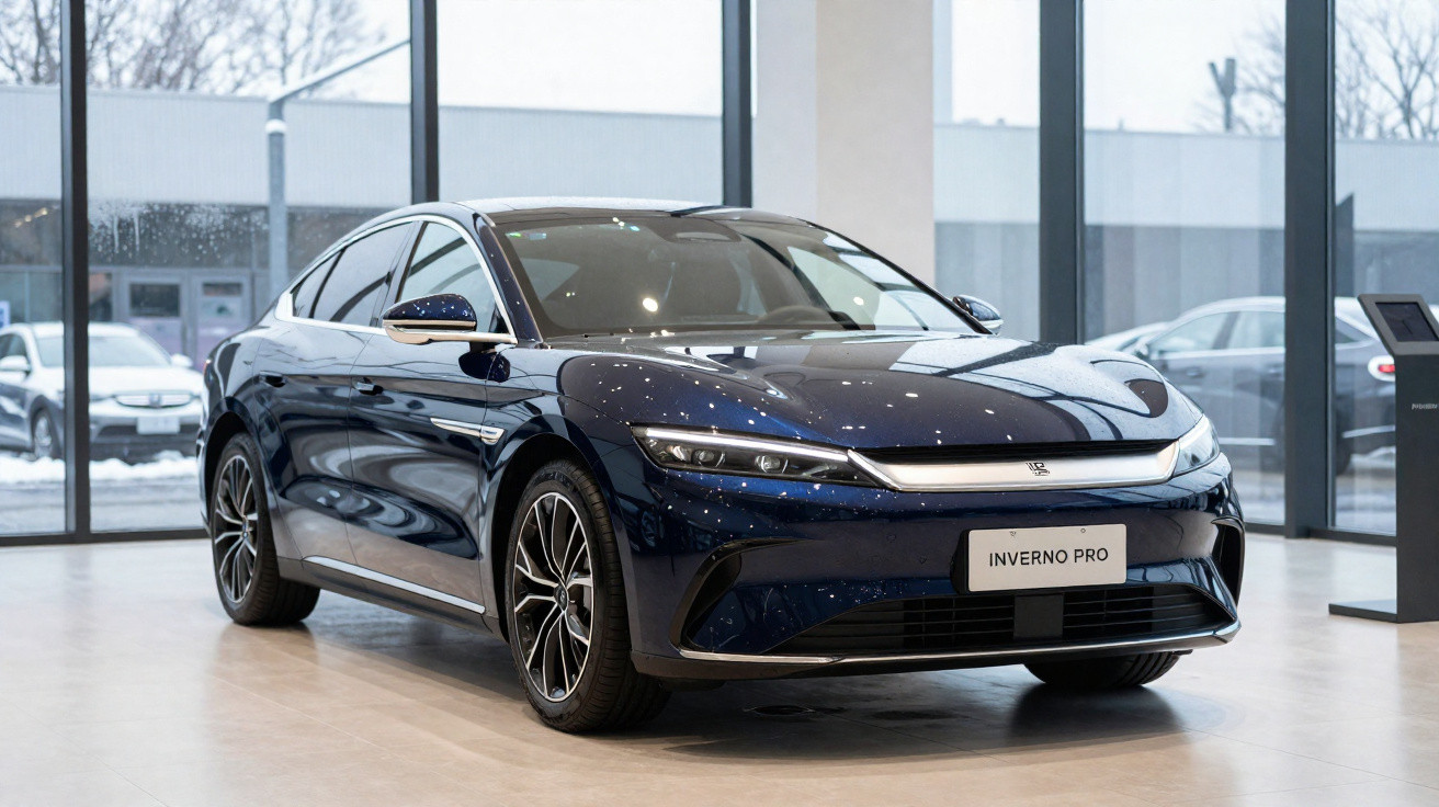 Carro elétrico azul modelo Inverno Pro exposto em showroom moderno com grandes janelas de vidro.