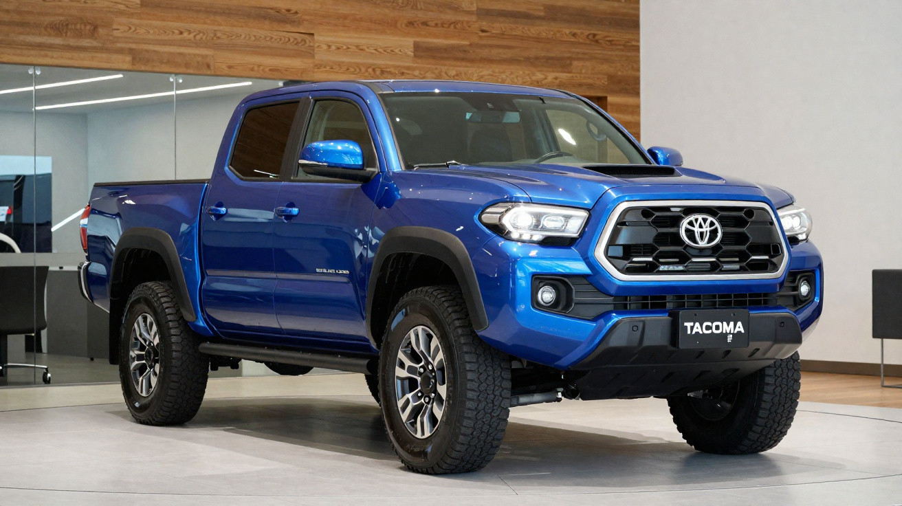 Picape Toyota Tacoma azul estacionada em showroom com paredes de vidro e madeira ao fundo.