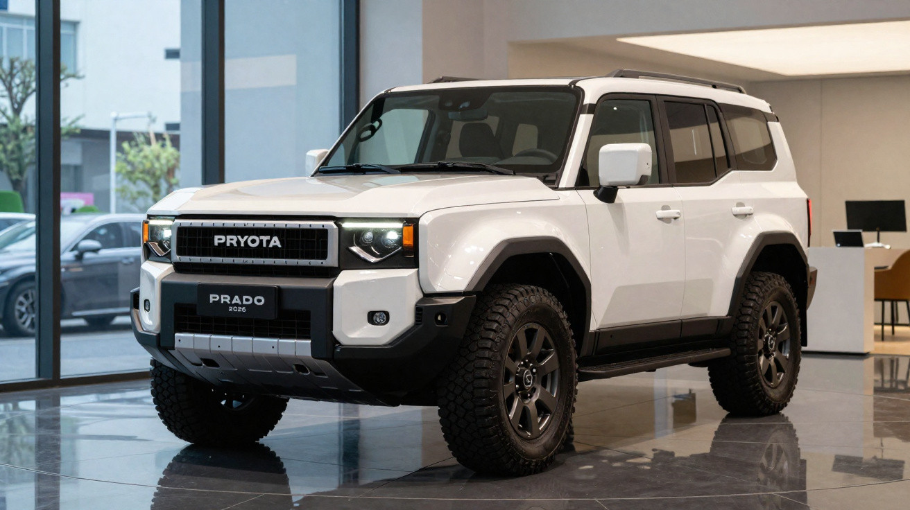 SUV branco modelo Pryota Prado 2026 estacionado em ambiente interno moderno com piso refletivo.