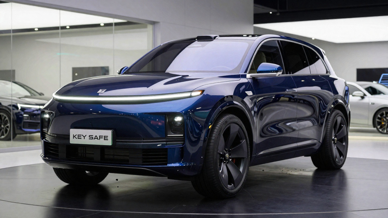 SUV elétrico azul escuro Luxgen Key Safe exposto em ambiente interno moderno.