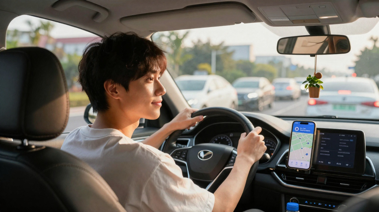 Jovem dirigindo carro com aplicativo de navegação aberto no celular e planta pendurada no retrovisor.