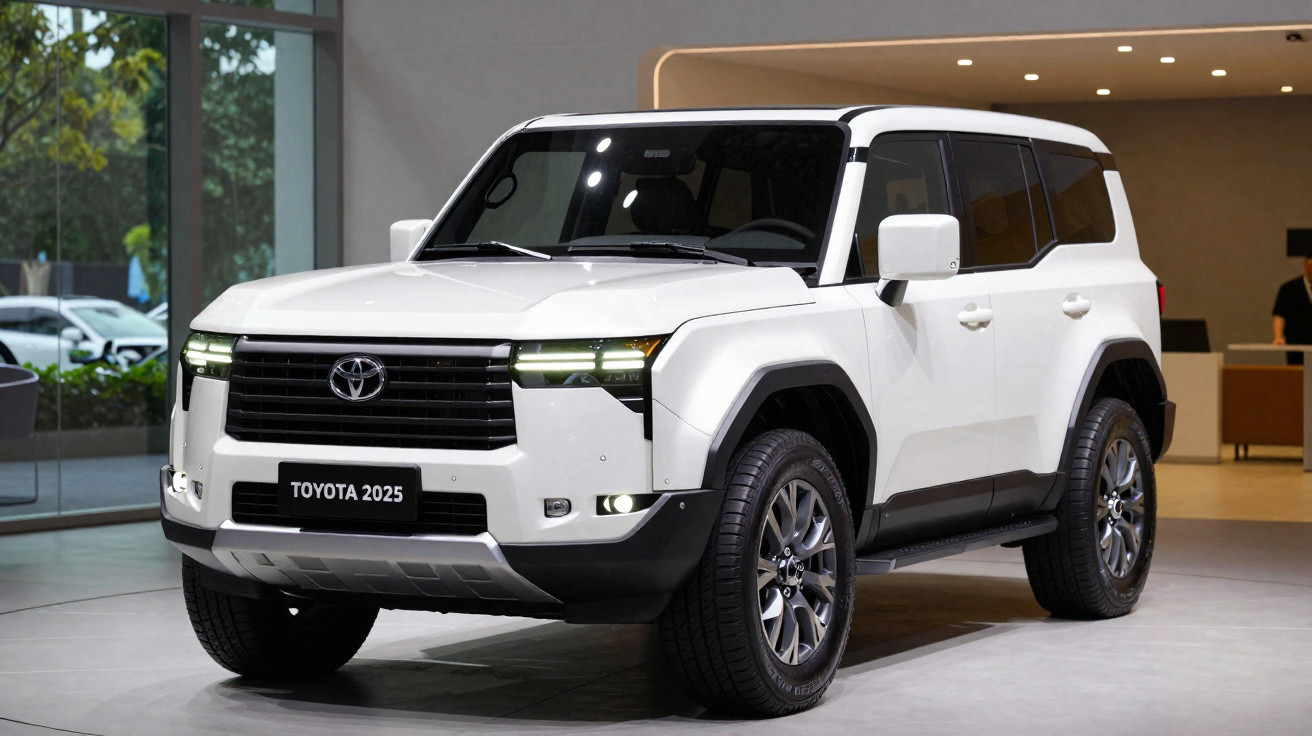 SUV branco Toyota 2025 exibido em ambiente interno moderno, com rodas de liga leve e faróis acesos.