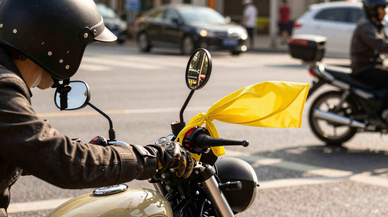 Motociclista com capacete preto e jaqueta escura, segurando guidão de moto com lenço amarelo amarrado.