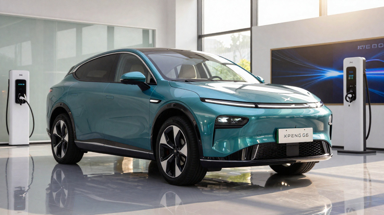 Carro elétrico verde estacionado em showroom moderno com pontos de carregamento ao fundo.
