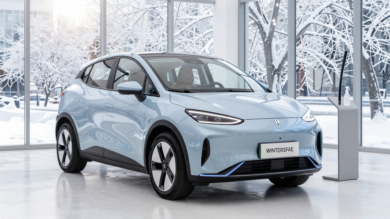 Carro elétrico compacto azul claro em ambiente interno com janelas mostrando paisagem de inverno com neve.